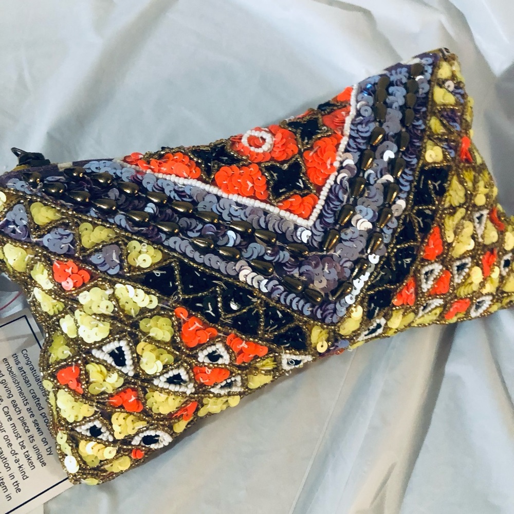 Hand Crafted Yellow Grey Orange Sequin & Beaded Purse